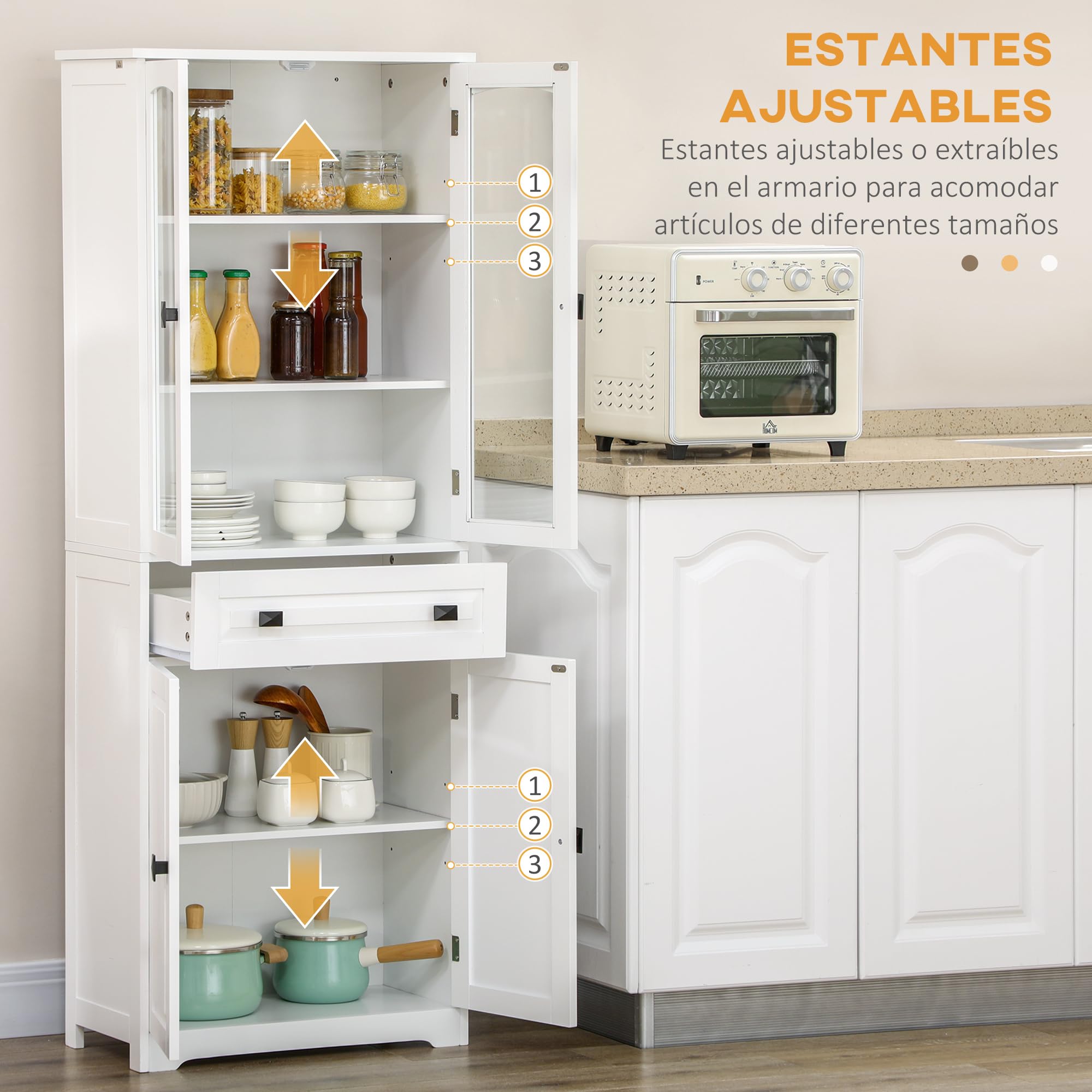 HOMCOM Alacena de Cocina Aparador de Comedor 4 Puertas 60x30x160 cm Blanco | Mueble Auxiliar, 1 Cajón, 2 Estantes Ajustables, para Salón