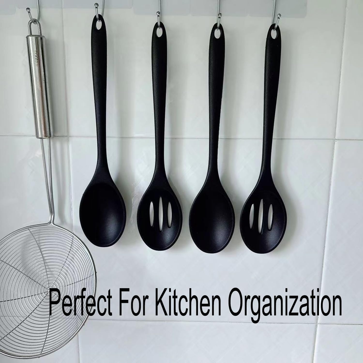 Silicone Cooking Spoon, Nonstick Kitchen Spoons Set for Cooking,Slotted and Solid Serving Spoon Heat Resistant, Silicone Mixing Basting Stirring Spoons for Nonstick Cookware 4 Pack (Black)
