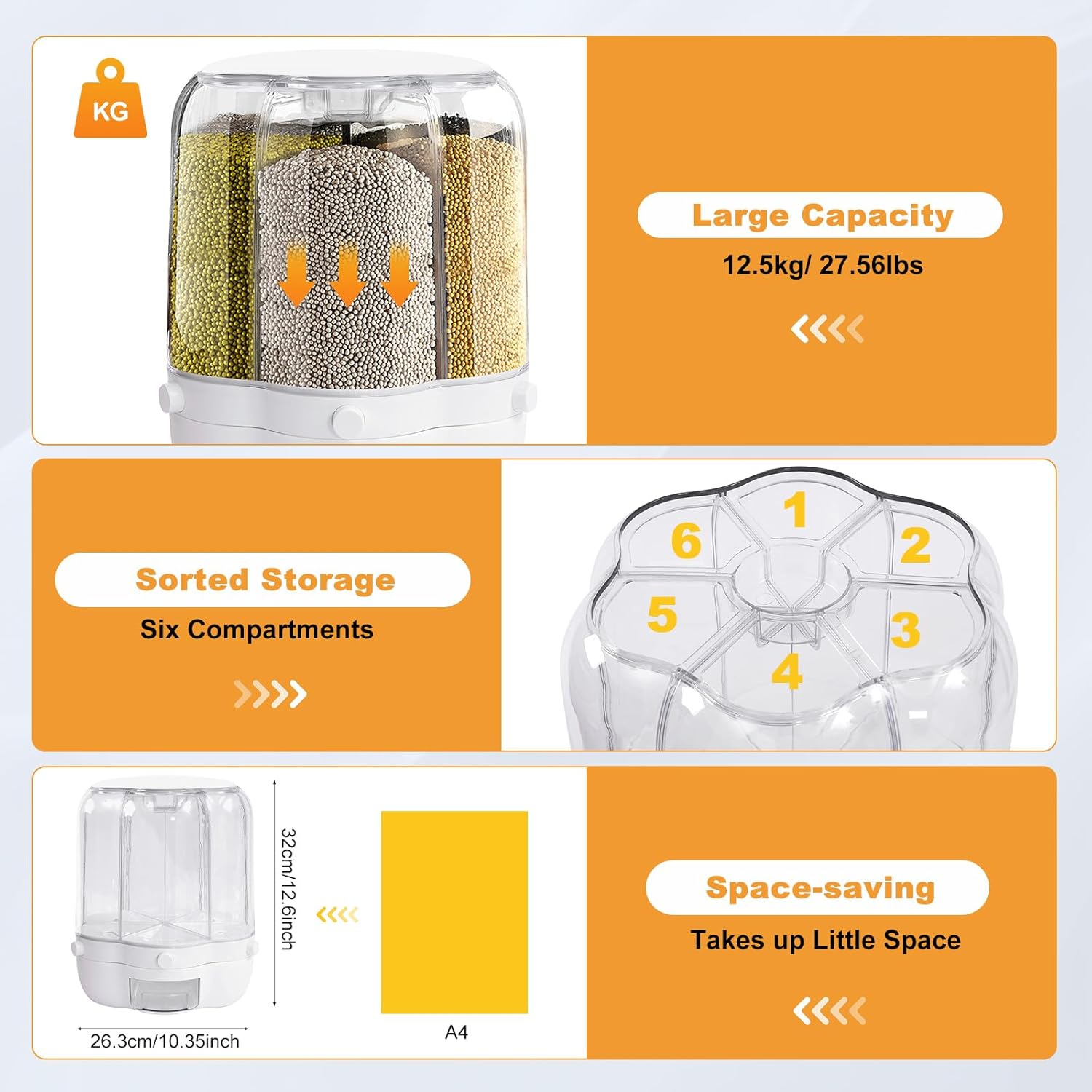 6 Grids Rotating Grain Dispensers Multi Cereal Dispenser Rice Dispensers 360° Rotating Food Dispenser Visible Round Dry Rice Container for Beans, Barley, Millet (12.5kg/ 27.56lbs)