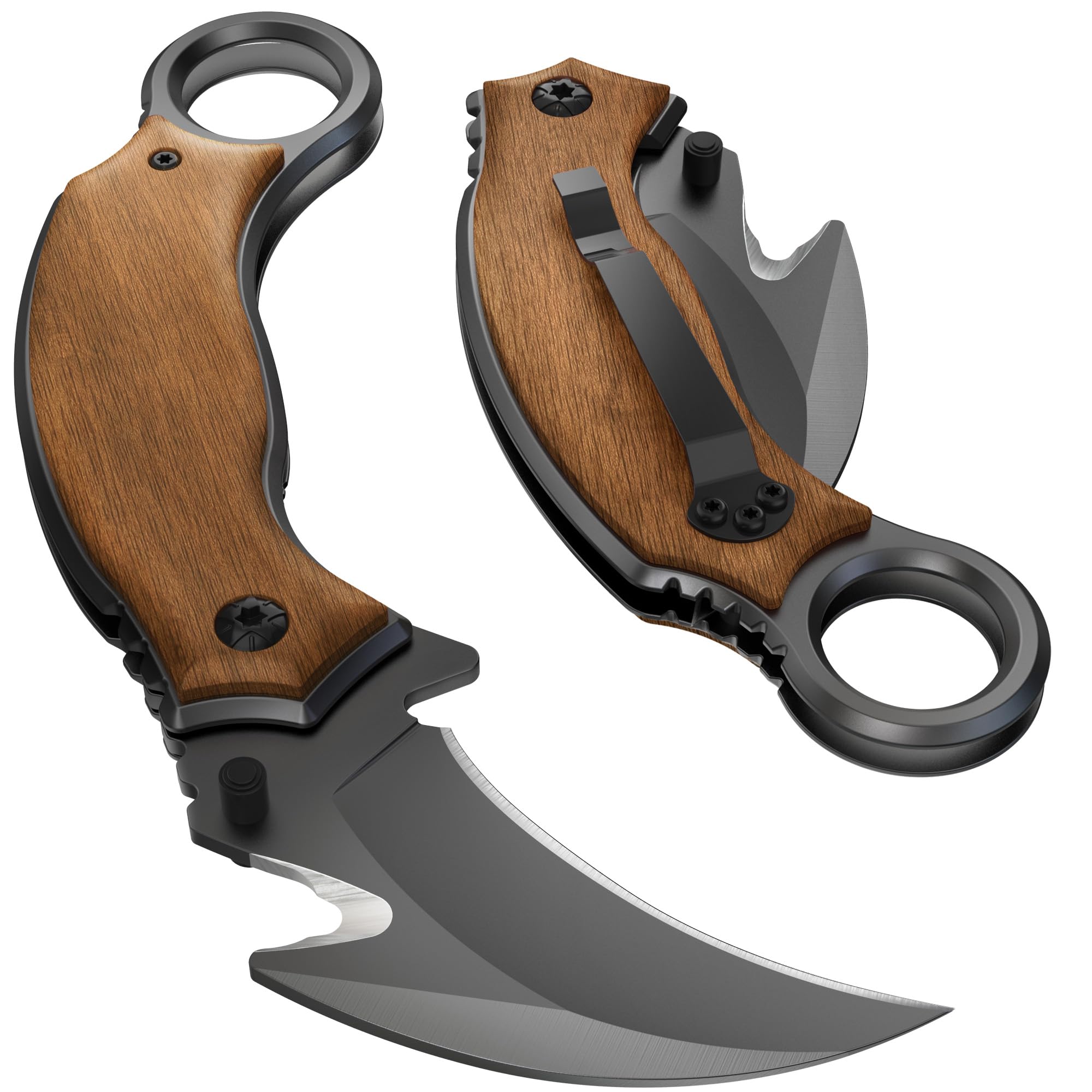 Pocket Knife for Men - Karambit Folding Knife - 440C Sharp Steel, Tiger Claw Blade - Pocket Knives with Wood Handle - Compact Tool for EDC - Birthday Gift Idea for Dad, Husband, Boyfriend - X-52
