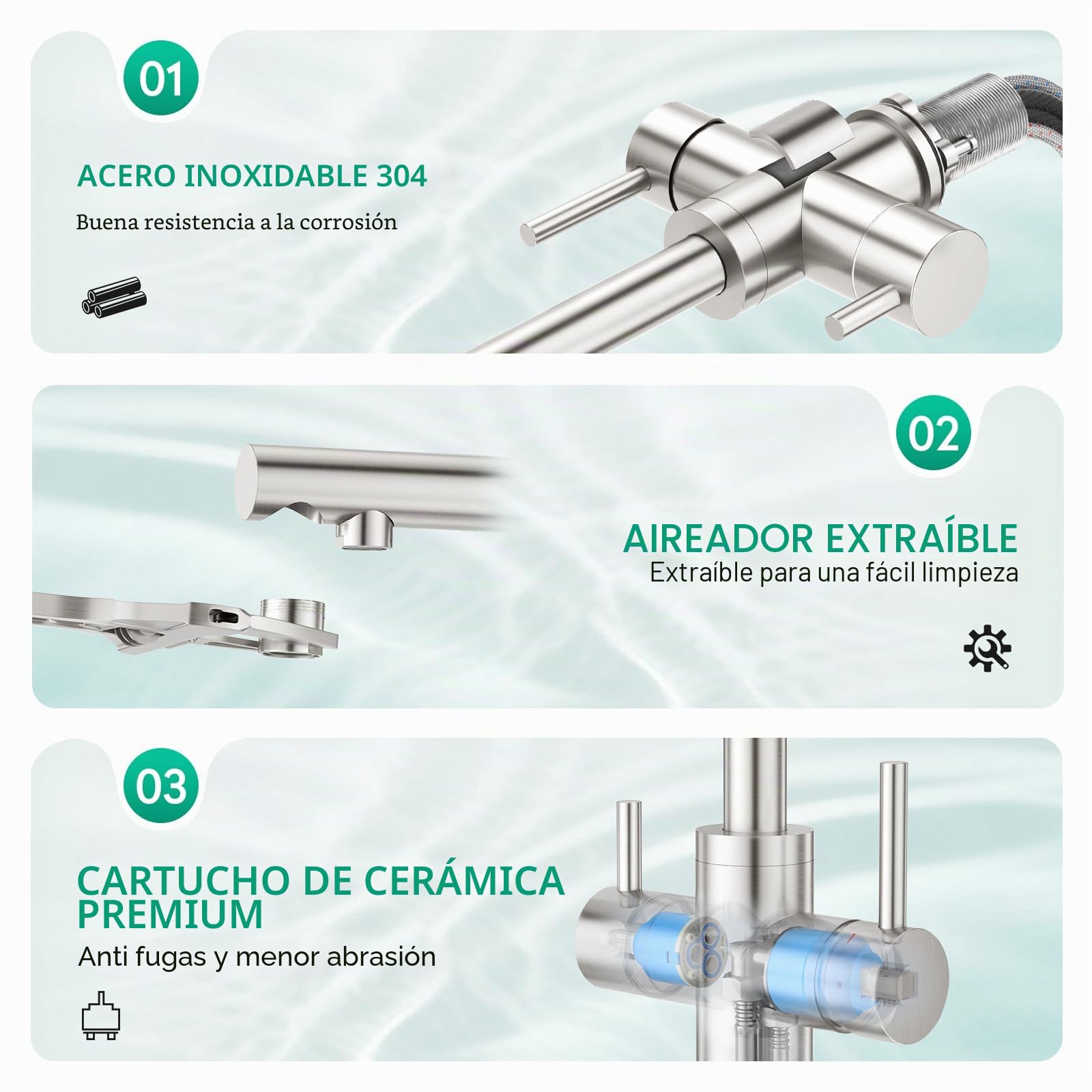 Grifo de Cocina Acero Inoxidable 3 Vías, Giratorio 360°, Mezclador 3 en 1 para Filtro de Agua Potable, Grifo con Doble Mando, Superficie Cepillada – Compatible con Sistema de ósmosis