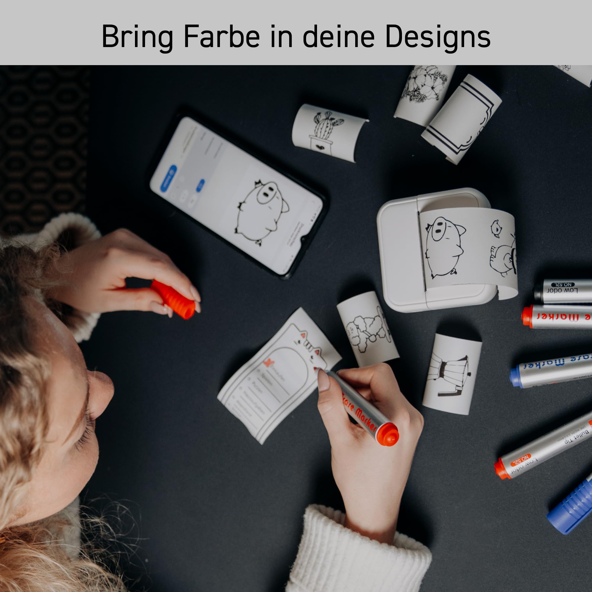 Mini Drucker Thermodrucker – Komplett-Set mit 4 Rollen, Kabel & Netzteil – Bluetooth für iOS & Android – Tintenfrei, sofort startklar – Designed in Germany