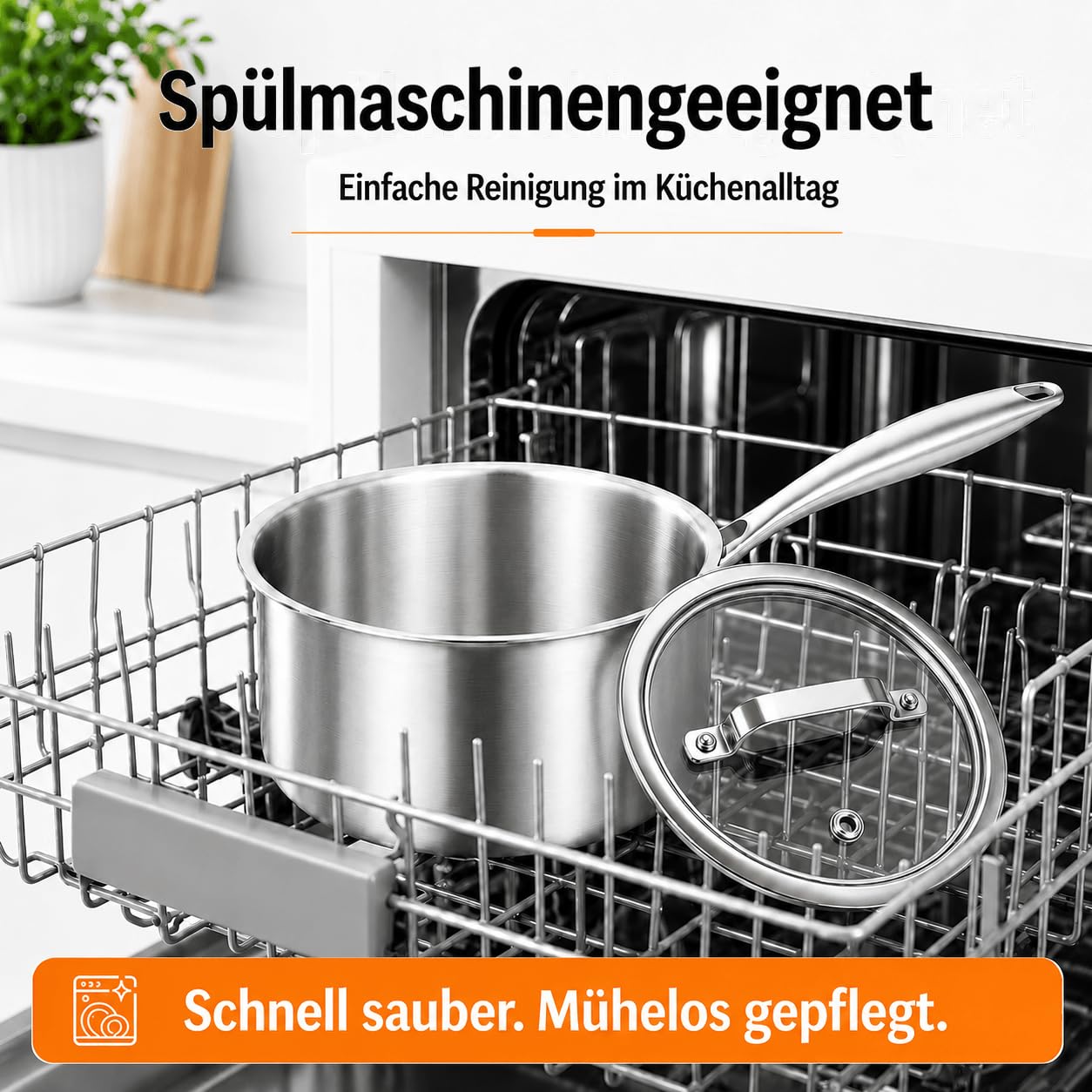 DELARLO Stielkasserolle 16 cm, 1,9 L Kochtopf mit Glasdeckel | Durchgehend 3-lagige Konstruktion, Gleichmäßiges Erhitzen, für alle Herdarten, Kühlbleibender Griff & Spülmaschinenfest