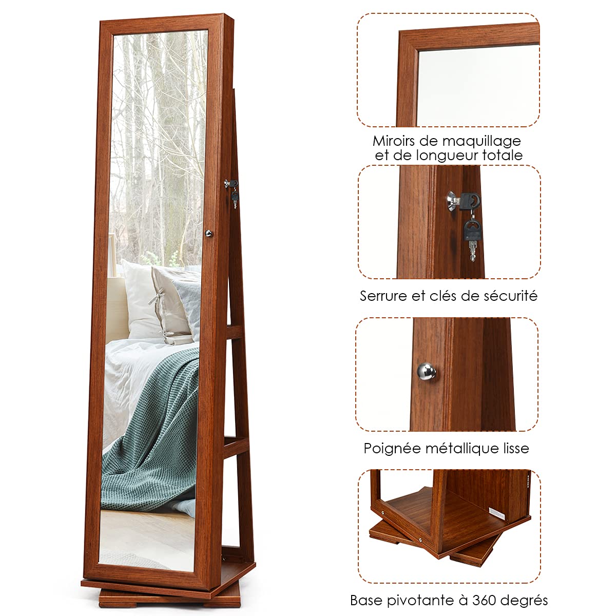 COSTWAY Armoire à Bijoux Pivotante à 360 Degrés, Organisateur de Bijoux sur Pieds, avec Grand Miroir Psyché et Etagère de Rangement à L’Arrière (Café)