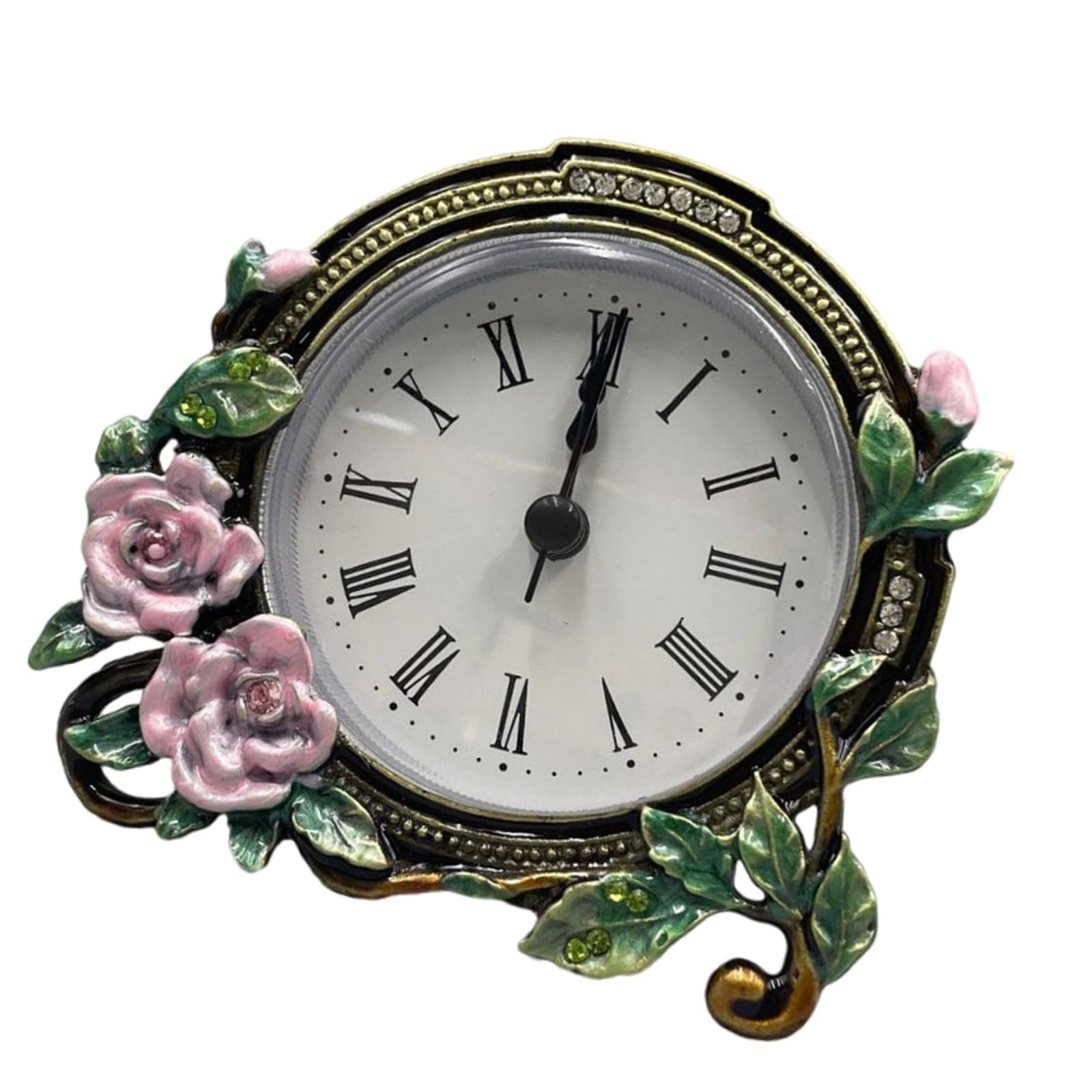 MINGLEA Mini Analog Table Clock Quiet Desk Clock Handpaint Metal Enamel Florals Battery Operated Clock for Shelf Bedroom Bedside