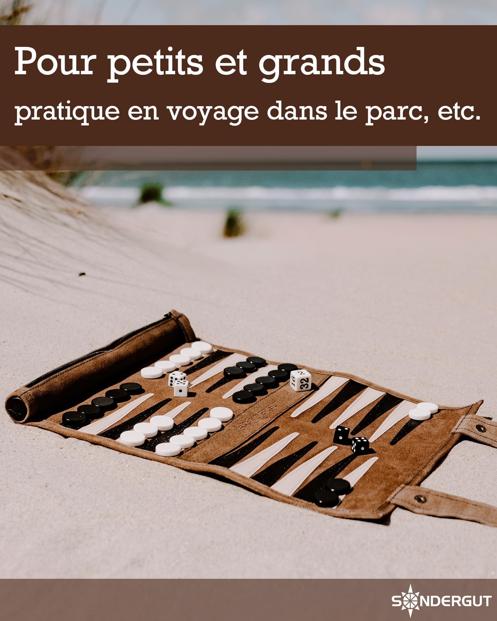 SONDERGUT- Backgammon - Backgammon en Cuir véritable - Backgammon de Voyage (Moka) (Moka)