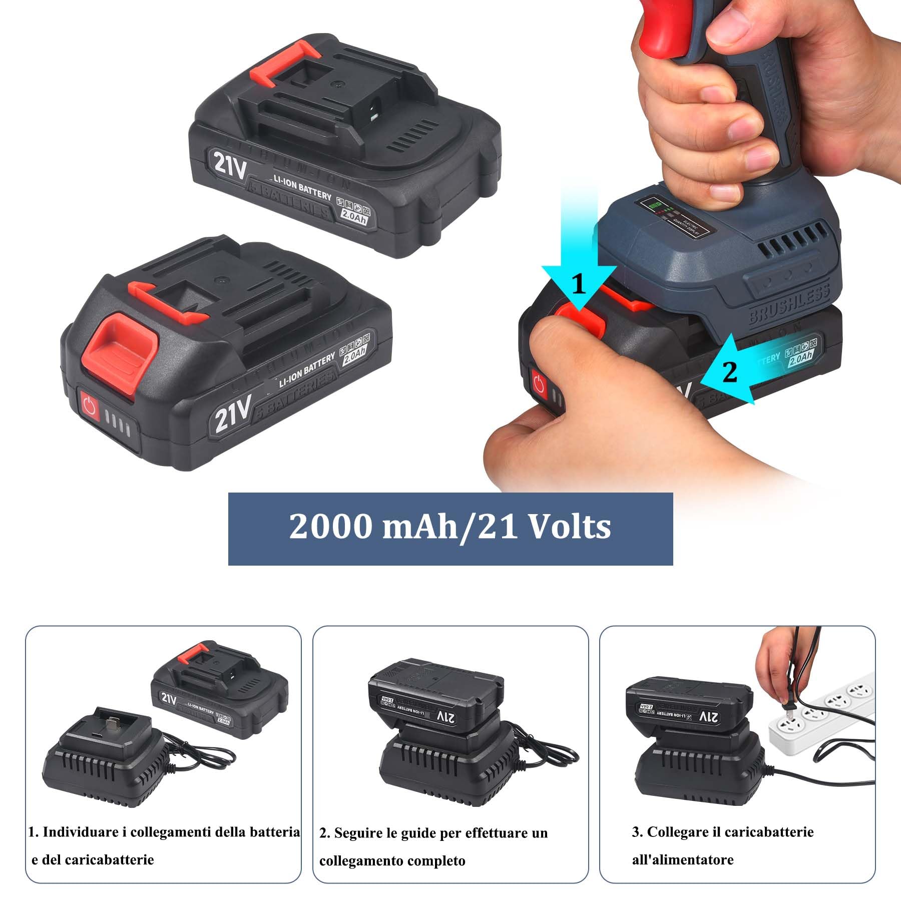 Trapano Avvitatore a Percussione Batteria 21V Motore Brushless, 55Nm, Mandrino in Metallo 13mm, 2 Batterie 2.0Ah, 35+3 Posizioni di Coppia, con Valigetta & 24 Accessori Professionali