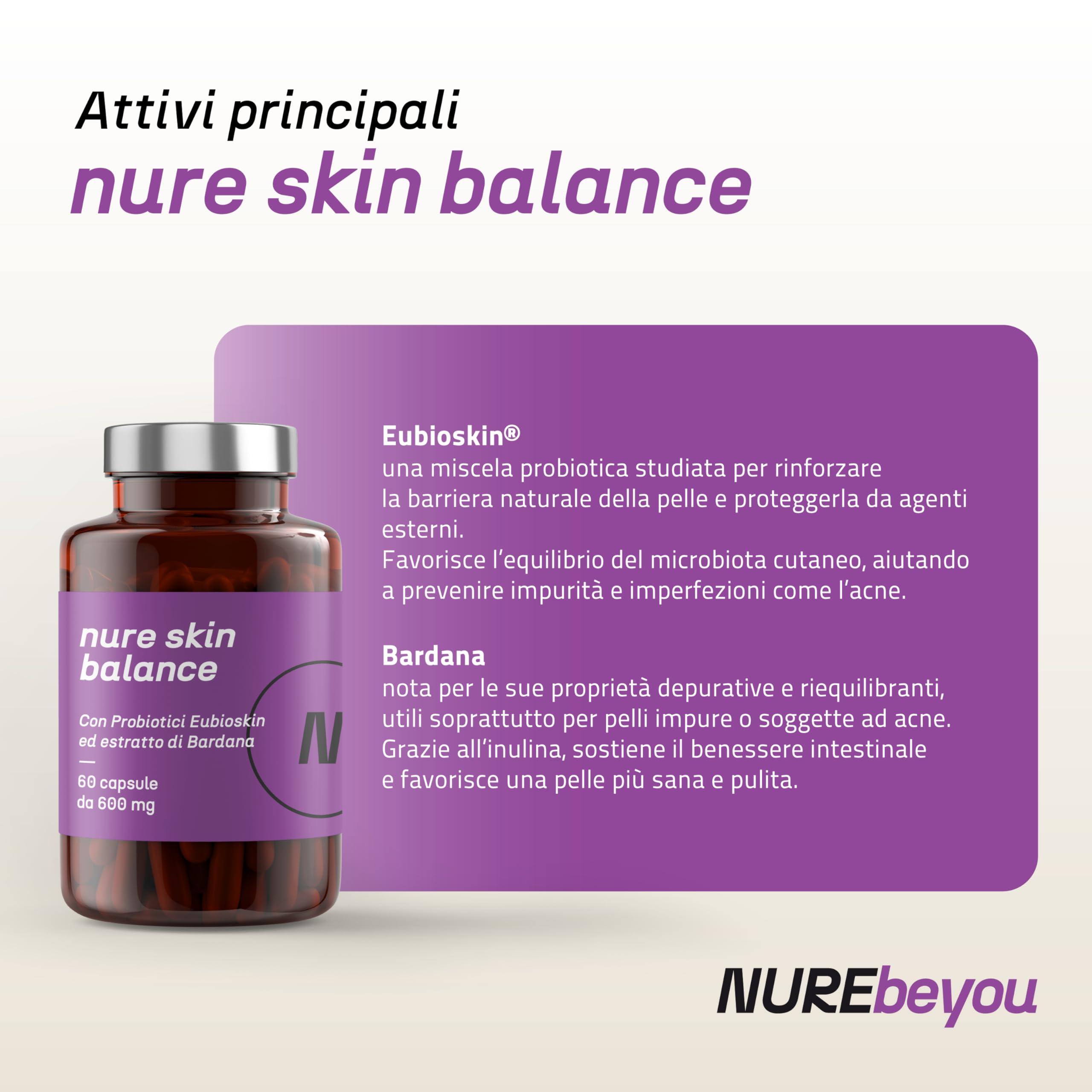 NURE Skin Balance 60 cps da 600 mg | Integratore pelle e acne | contiene zinco, vitamina b3 e b6, estratto di bardana, Eubioskin.