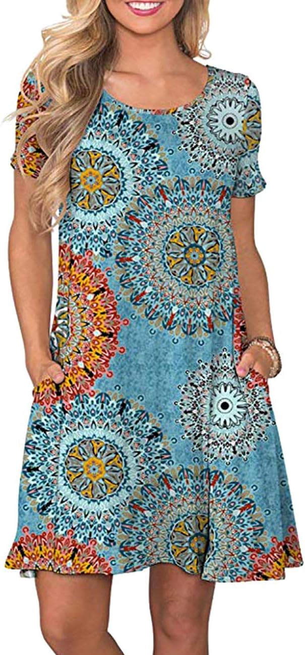 Women's Summer Short Sleeve Damask Floral Printed Swing Tunic Dress