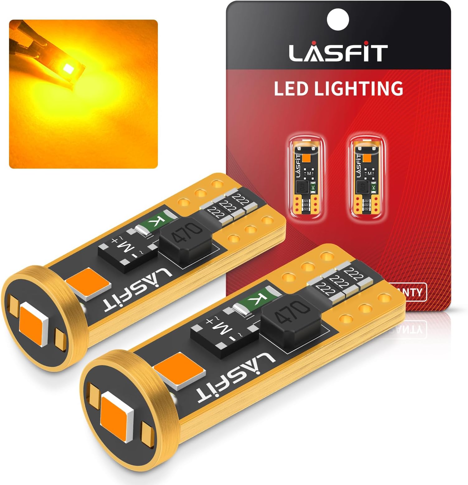 194 168 T10 2825 W5W LED Bulb Canbus Error Free, Non-Polarity 400LM Extremely Bright for Side Marker Map Doors, 12-24V, Amber Yellow, Pack of 2