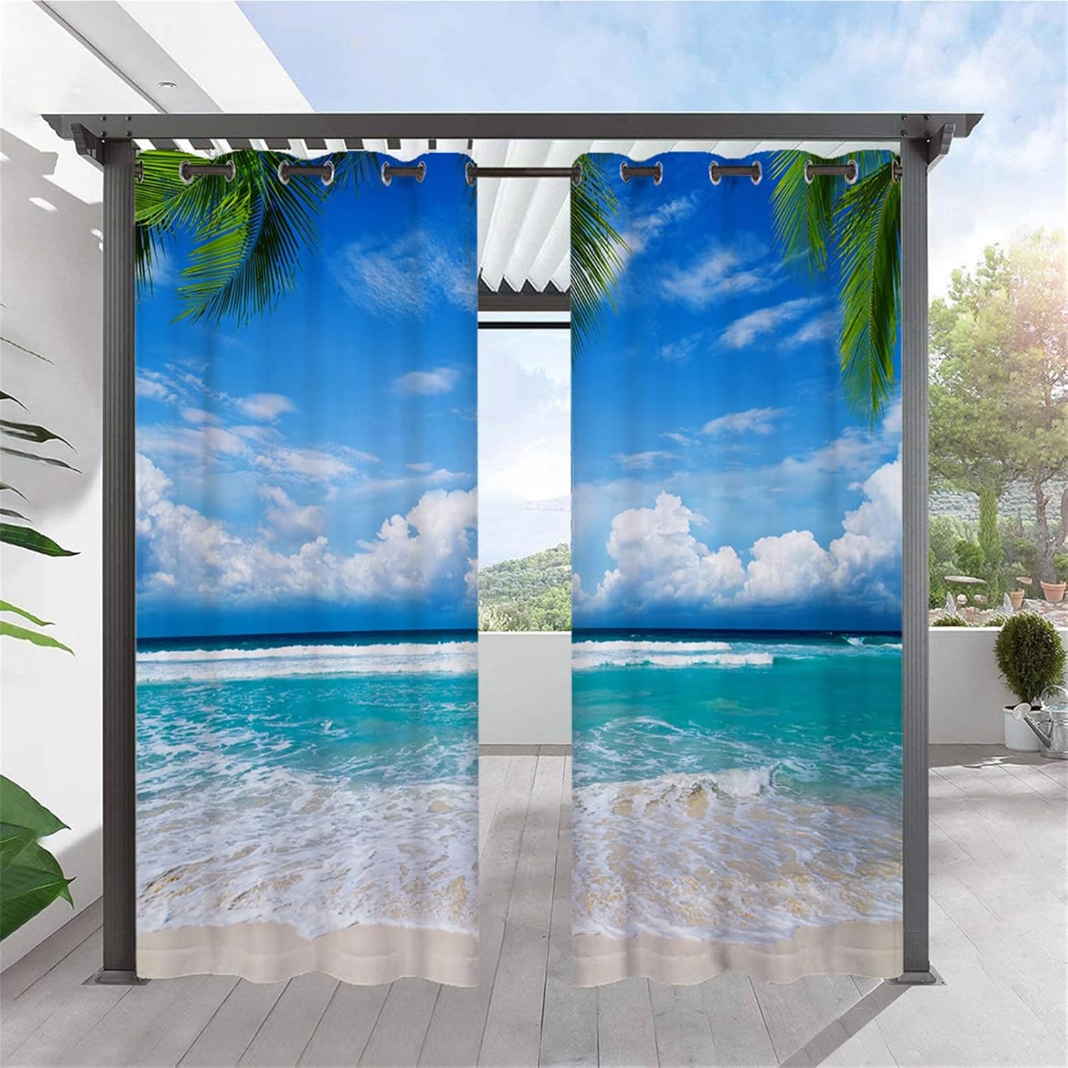 Outdoor Curtains for Patio Waterproof Outside Light Blocking Thermal Insulated Blackout Curtains with Tropical Beach Ocean Pattern for Gazebo, Pavilion, Cabana, 2 Panels, Style 15, W52 x L120