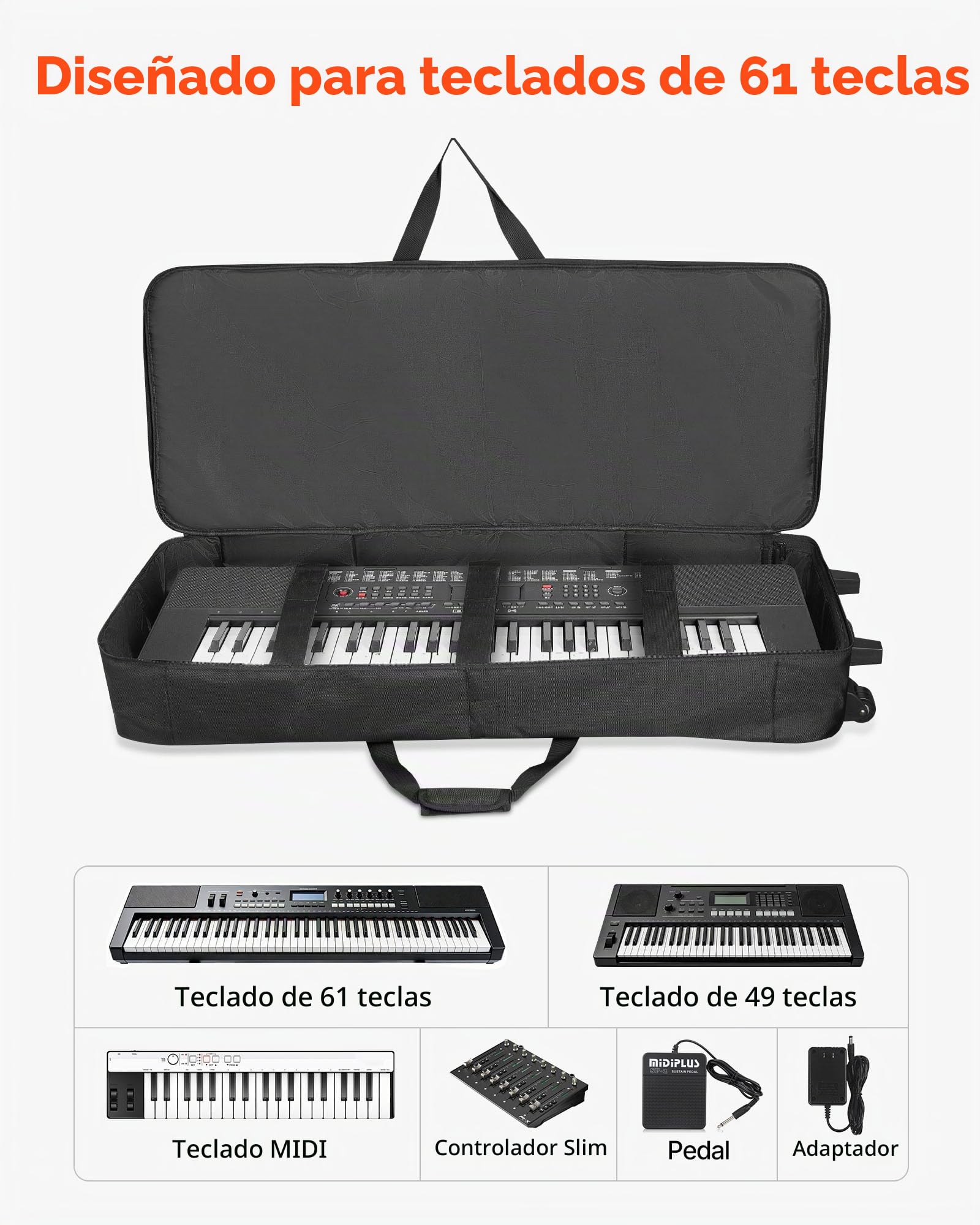 VEVOR Funda Acolchada Portátil para Teclado de Piano Eléctrico, 61 Teclas, 104 x 43 x 13 cm, Bolsa para Teclado con Asas y Ruedas, Tela 1680D Impermeable, para Transporte de Instrumentos, Negro