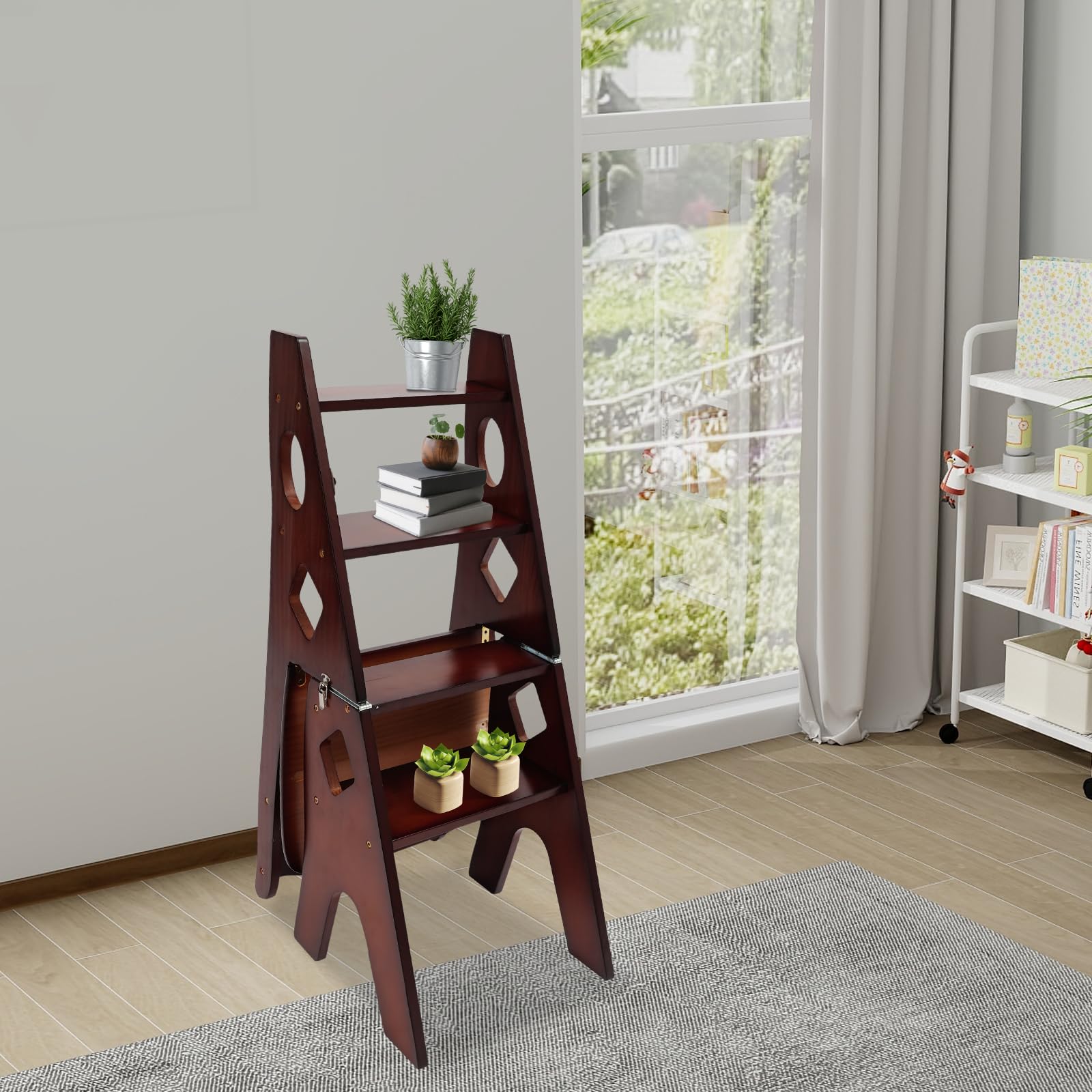 Chaise pliante-marchepied à 4 marches en bois pliable - Escabeau convertible et chaise d'escalier - Échelle multifonction, capacité de charge 100 kg, pour usage intérieur et extérieur (Noyer)