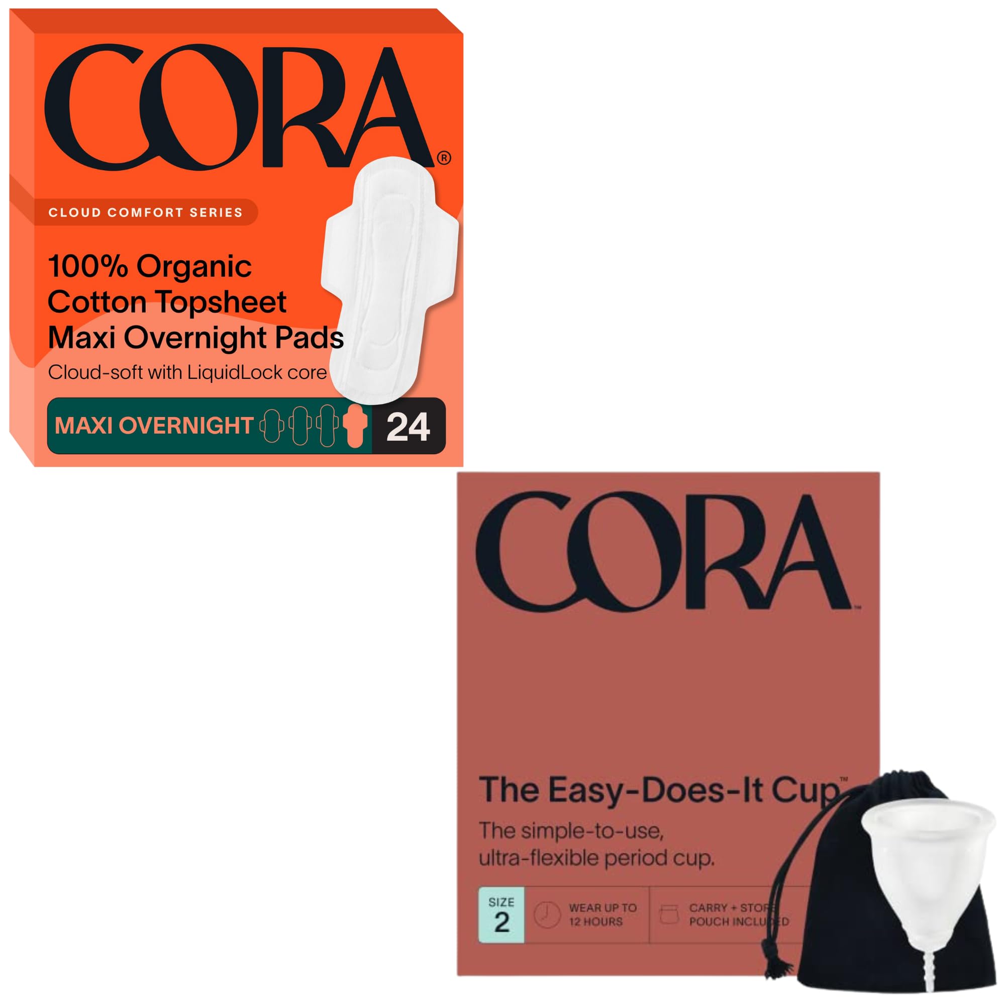 Cora Organic Feminine Care 24 Maxi Overnight Pads with Wings and a Size 2 Menstrual Period Cup Medical