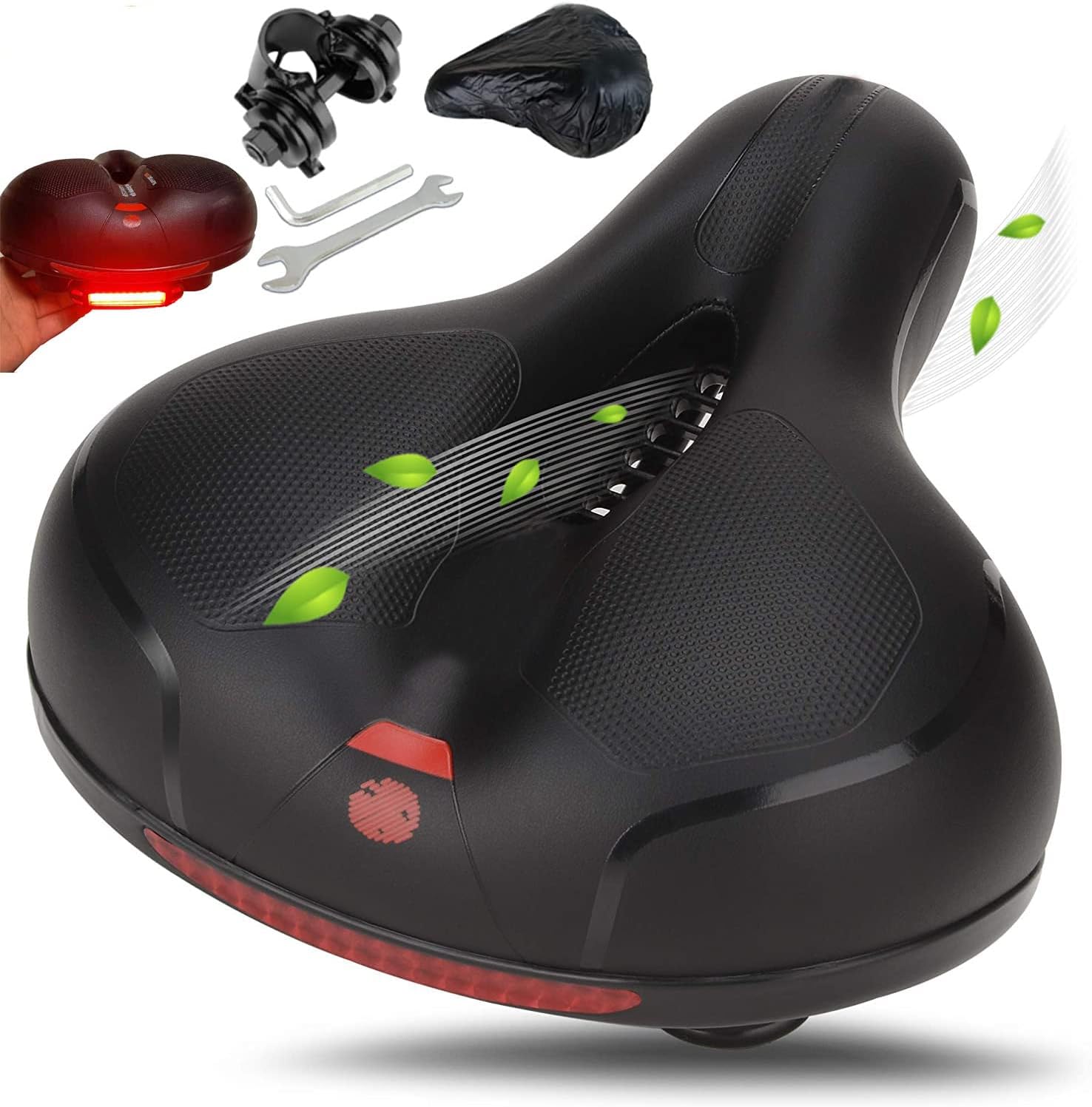 Wide Comfortable Bike Seat, Soft Bicycle Saddle Cushion with Taillight