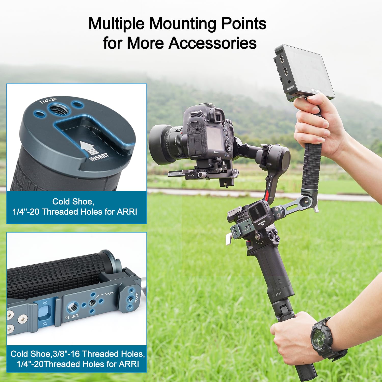 Koolehaoda Mango de cardán ajustable para DJI RS 4, RS 4 Pro, RS 3 Mini, RS 3, RS 3 Pro, RS 2, RSC 2, estabilizador de cardán RSC 2, rica expansión para disparos de ángulo bajo, carga 5 kg. KQ1099