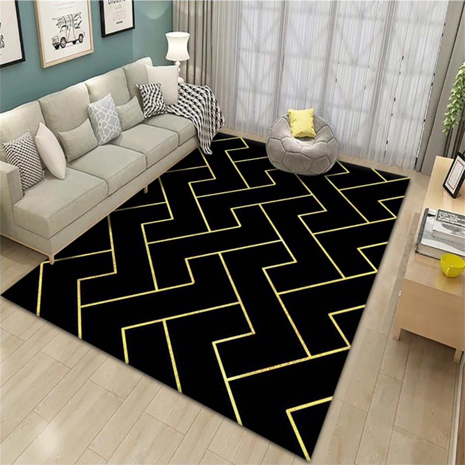 Alfombra patrón geométrico negro 300x400cm para sala de estar