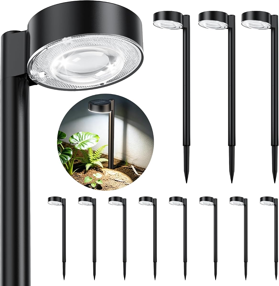 Paquete de 12 luces solares para caminos al aire libre, luz solar para caminos de paisaje con lente LED más grande, más brillante hasta 12 horas, luz solar impermeable para exteriores, para patio, jardín, pasarela, acera