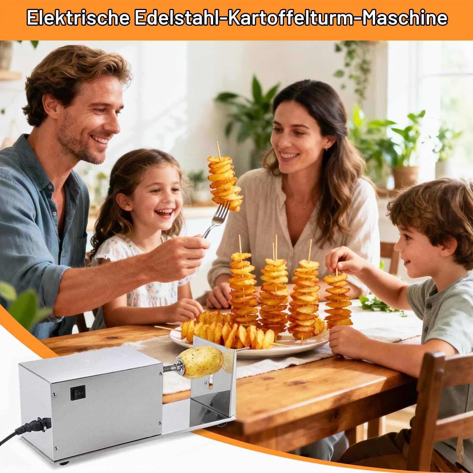 Elektrischer Spiralschneider, Edelstahl Spiralschneider Elektrischer Tornado Kartoffelschneider Kartoffelspiralenschneider Automatischer für Obst Kartoffeln Gurken Karotten 50W 220V