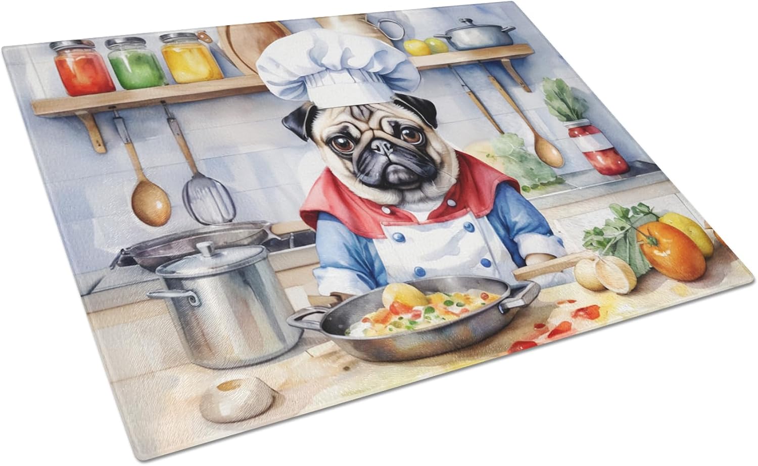 Caroline's Treasures DAC6311LCB Pug The Chef Glass Cutting Board Decorative Tempered Glass Kitchen Cutting and Serving Board Large Size Chopping Board