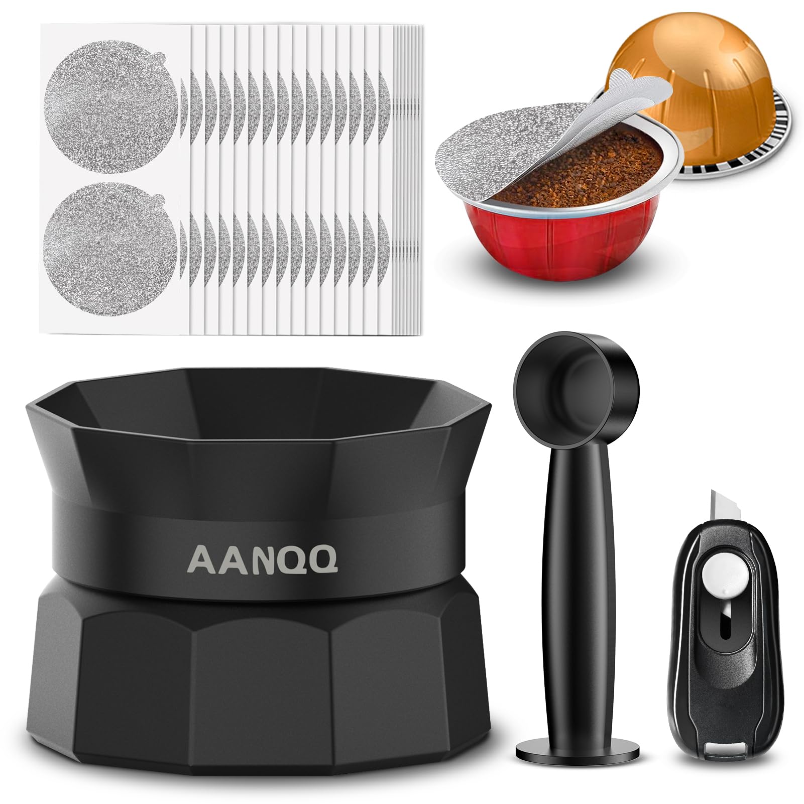 AANQQ Refill Kit for Pods Vertuo: Reusable Vertuo Pod Holder with 100pcs Aluminum Foil Seal Lids for VertuoLine Capsules - Work with All Vertuoline/VertuoPlus/Next/Pop Machine(NO PODS)