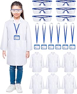 Unittype 6 Sets 18 Pcs White Kids Lab Coats Bulk Children Girl Doctor Scientist Costume Lab Coat with Goggles Card Holder (Small)
