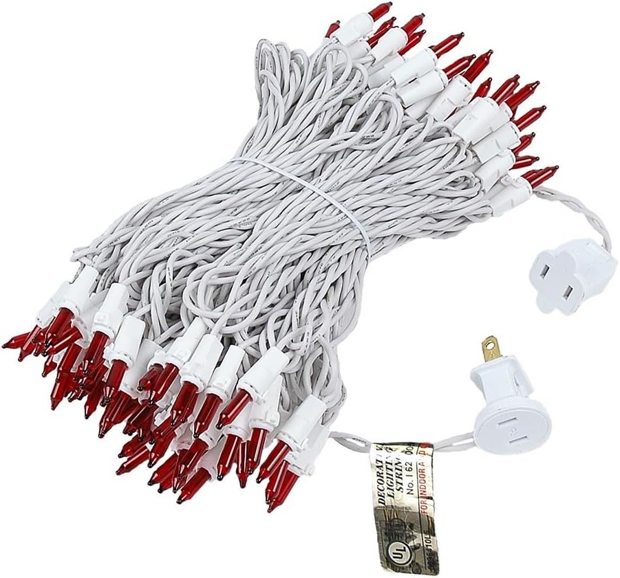 Novelty Lights 50 Feet 100 Bulb Incandescent Mini Light String, Red with 6-Inch Spacing on White Wire, UL Listed Commercial Grade Indoor/Outdoor Mini Lights, Connectable End-to-End