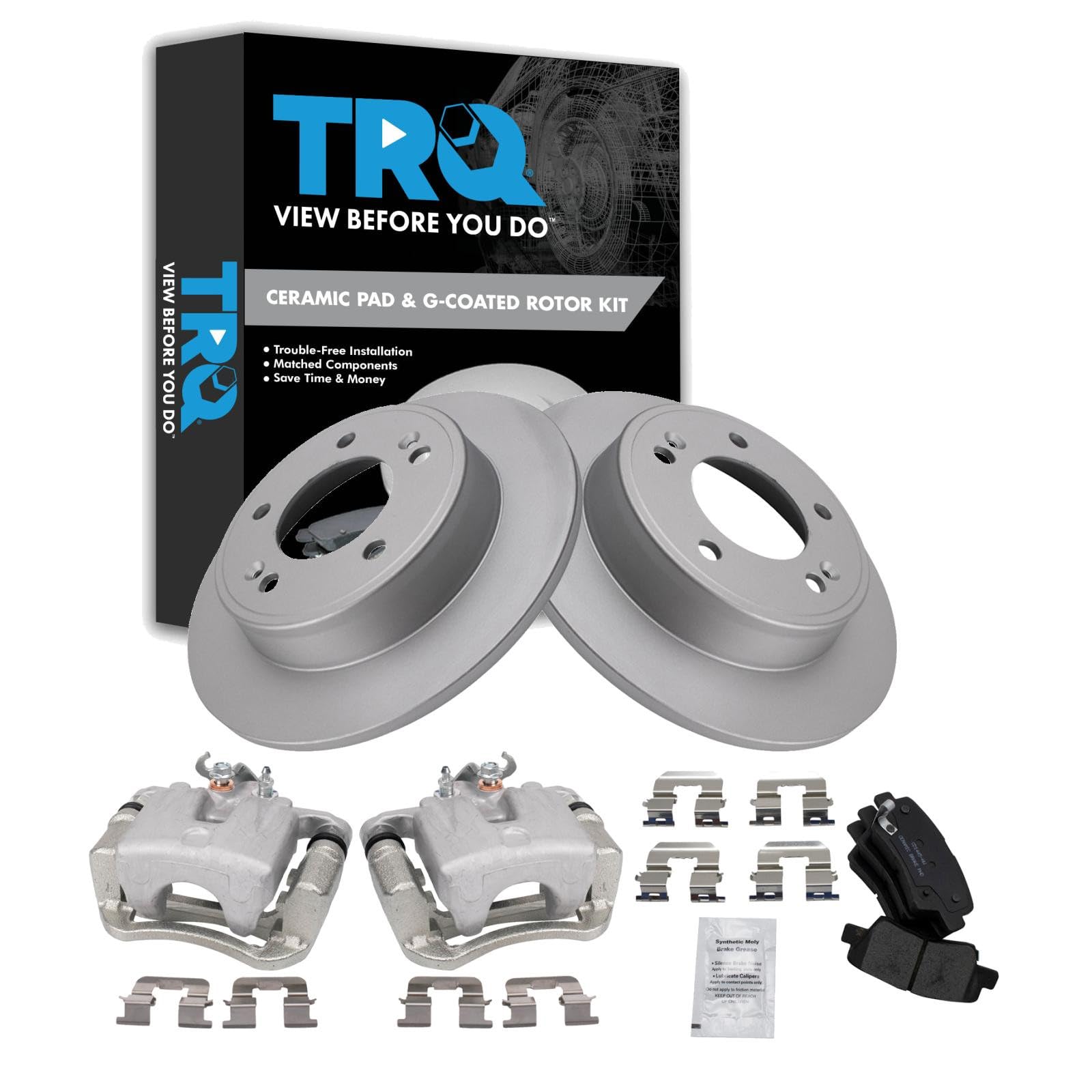 TRQ Rear Brake Pad and Rotor Set Ceramic Solid Rotors Calipers