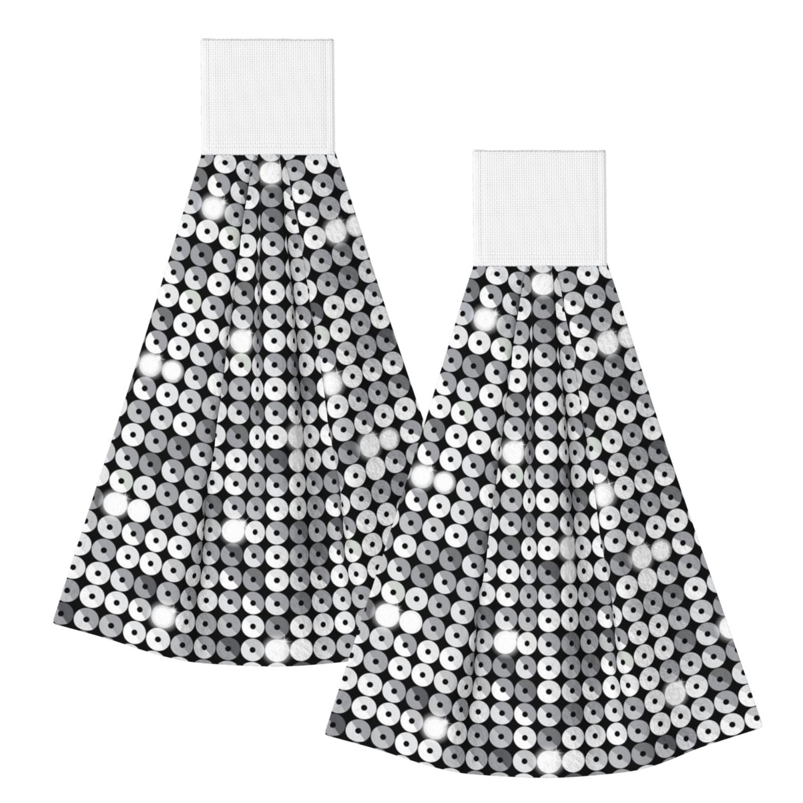 DOPKLNA Silver Sequin Sparkle Pattern, 2 Pcs Hanging Coral Fiber Hand Towels for Bathroom, Absorbent Kitchen Towels