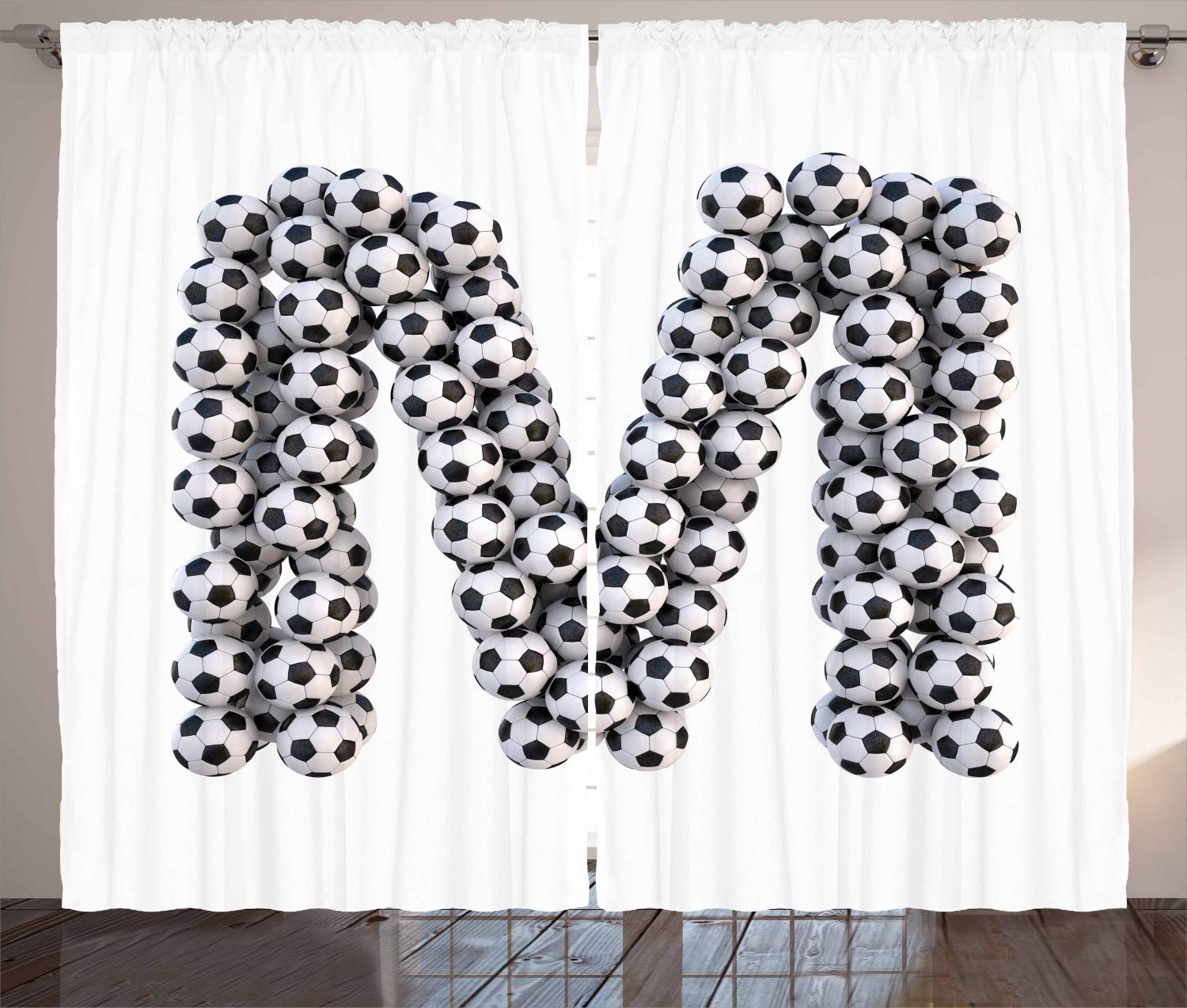 Ambesonne Letter M Curtains, Diagonal and Vertical Stack of Soccer Balls Alphabet Letter Design, Living Room Bedroom Window Drapes 2 Panel Set, 108" X 63", Black and White
