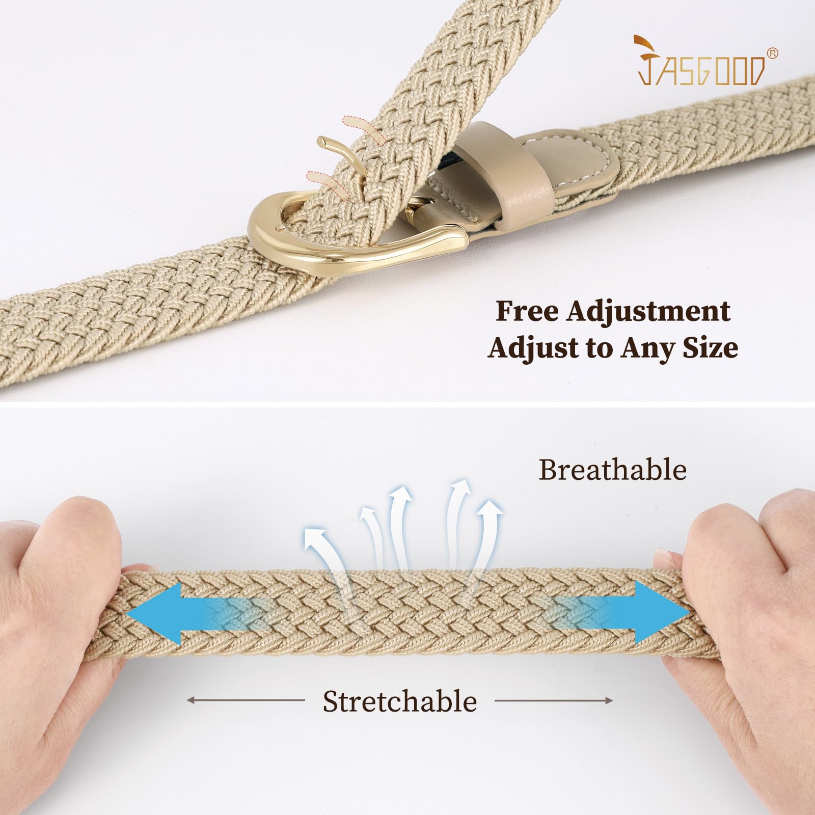 JASGOOD 2 Pack Braided Belts for Women, 1'' Narrow Width Elastic Woven Stretch Fabric Cloth Belts with Gold Buckle
