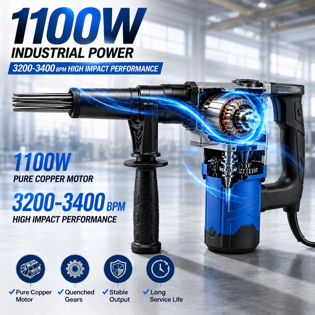 TYH Desincrustador Eléctrico De Agujas De 1100 W para Eliminar Óxido, Pintura, Óxido Y Escoria De Soldadura, Incluye 100 Agujas De Acero Endurecido, Bloqueo De Seguridad Industrial Y Es