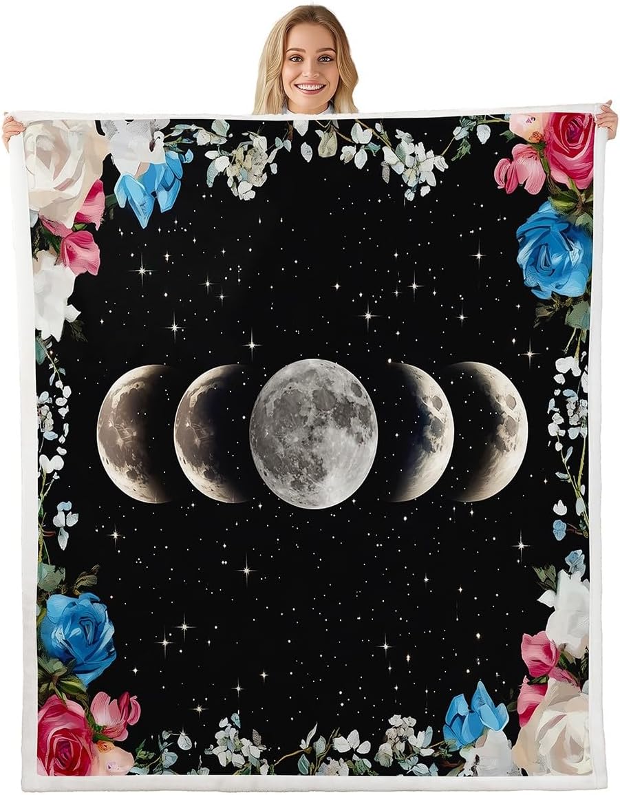 3D Moon Bed Blanket Kids Girls Colorful Rose Sherpa Blanket Soft Cozy Lightweight Starry Sky Stars Plush Fleece Rainbow Flowers Blanket Gifts for Couch Bed Chair Office Sofa(Throw 50"x60")