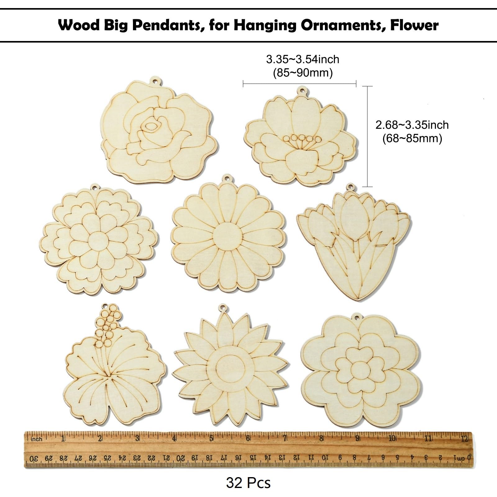UR URLIFEHALL 32 Pcs Wooden Flower Cutouts Unfinished Wooden Floral Embellishments for Crafts DIY Projects Door Hangers Signs Home Party Decor - Image 2