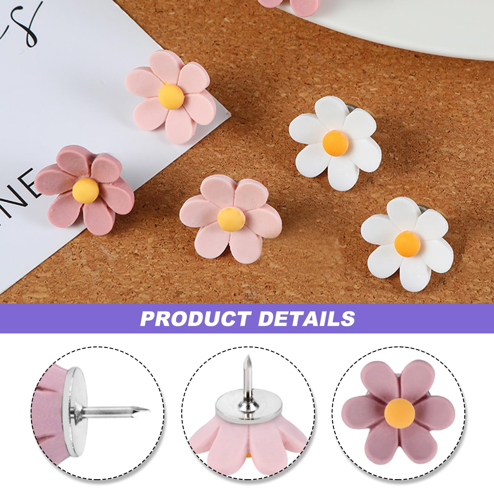 Flower Cork Board Pins 30 Pcs Notice Board Pins for Pinboard Cute Decorative Thumb Tacks Drawing Pin for Cork Notice Bulletin Boards - Image 3