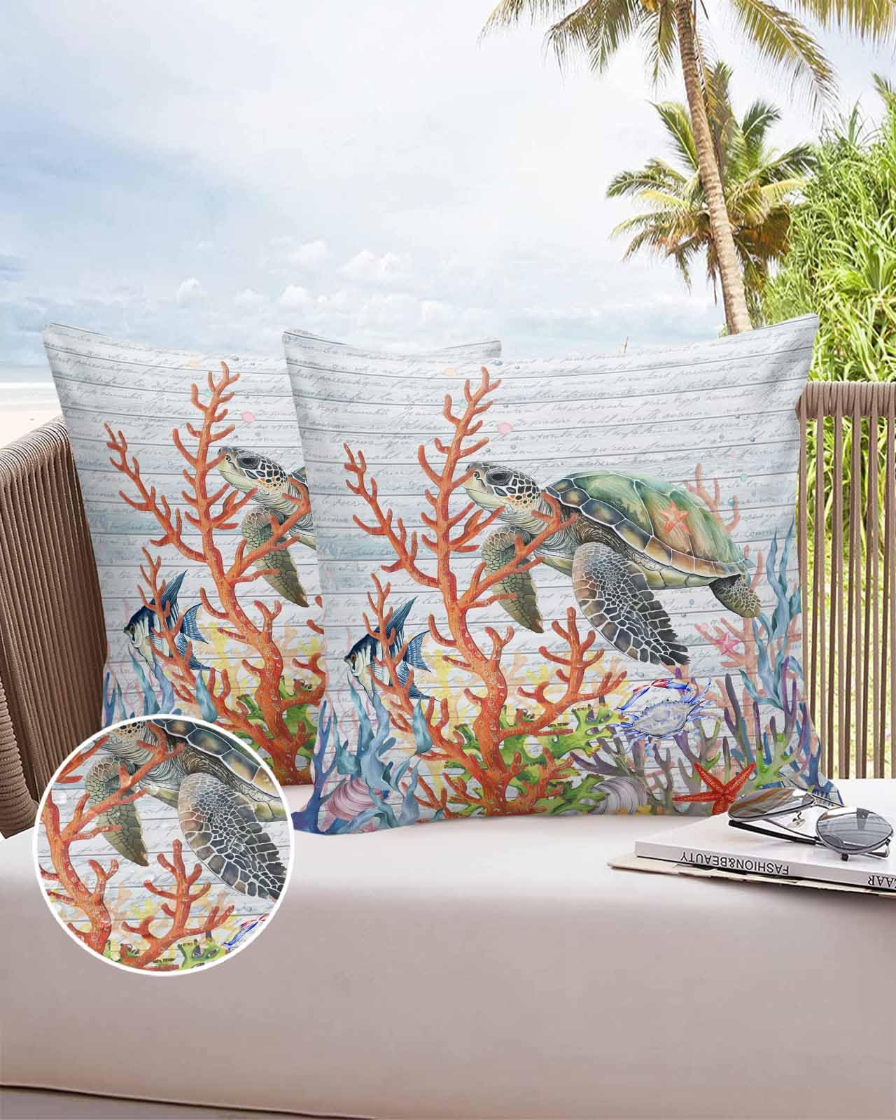 Boanket Outdoor Pillow Covers 24 x 24 in, Sea Turtle Waterproof Throw Pillow Cover Set of 2, Colorful Coastal Coral Nautical Vintage Home Decorative Square Cushion Covers for Patio/Tent/Couch/Garden