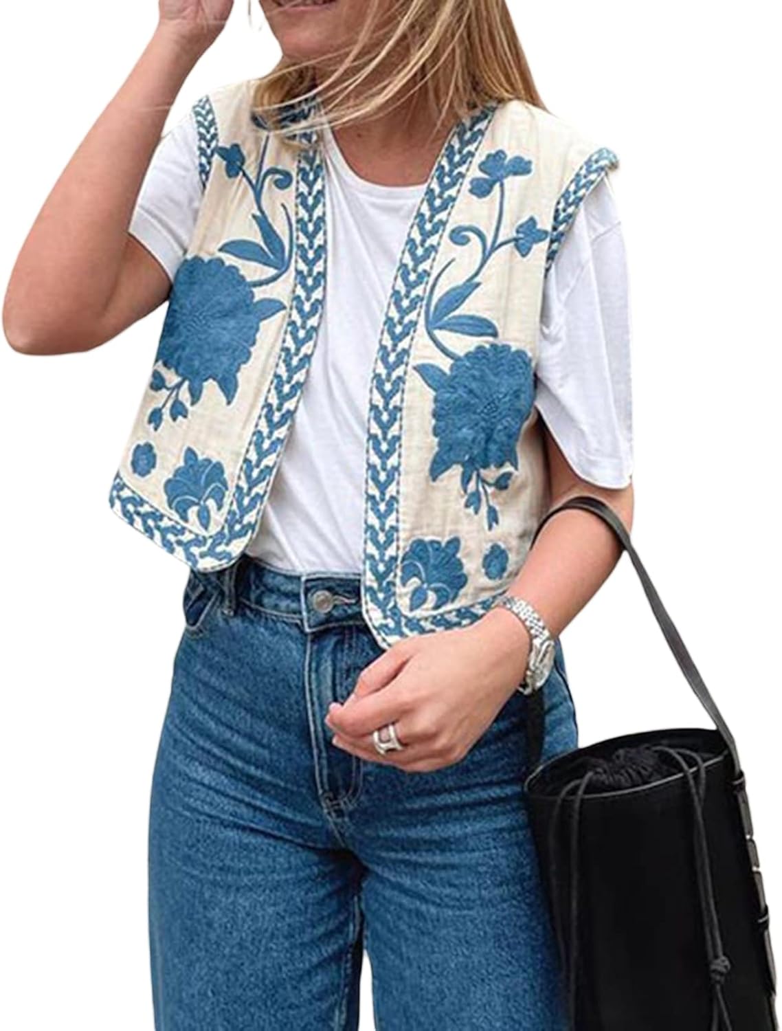 Embroidered Vest Tops for Women Vintage Sleeveless Floral Open Front Boho Cardigan Vest - Image 6