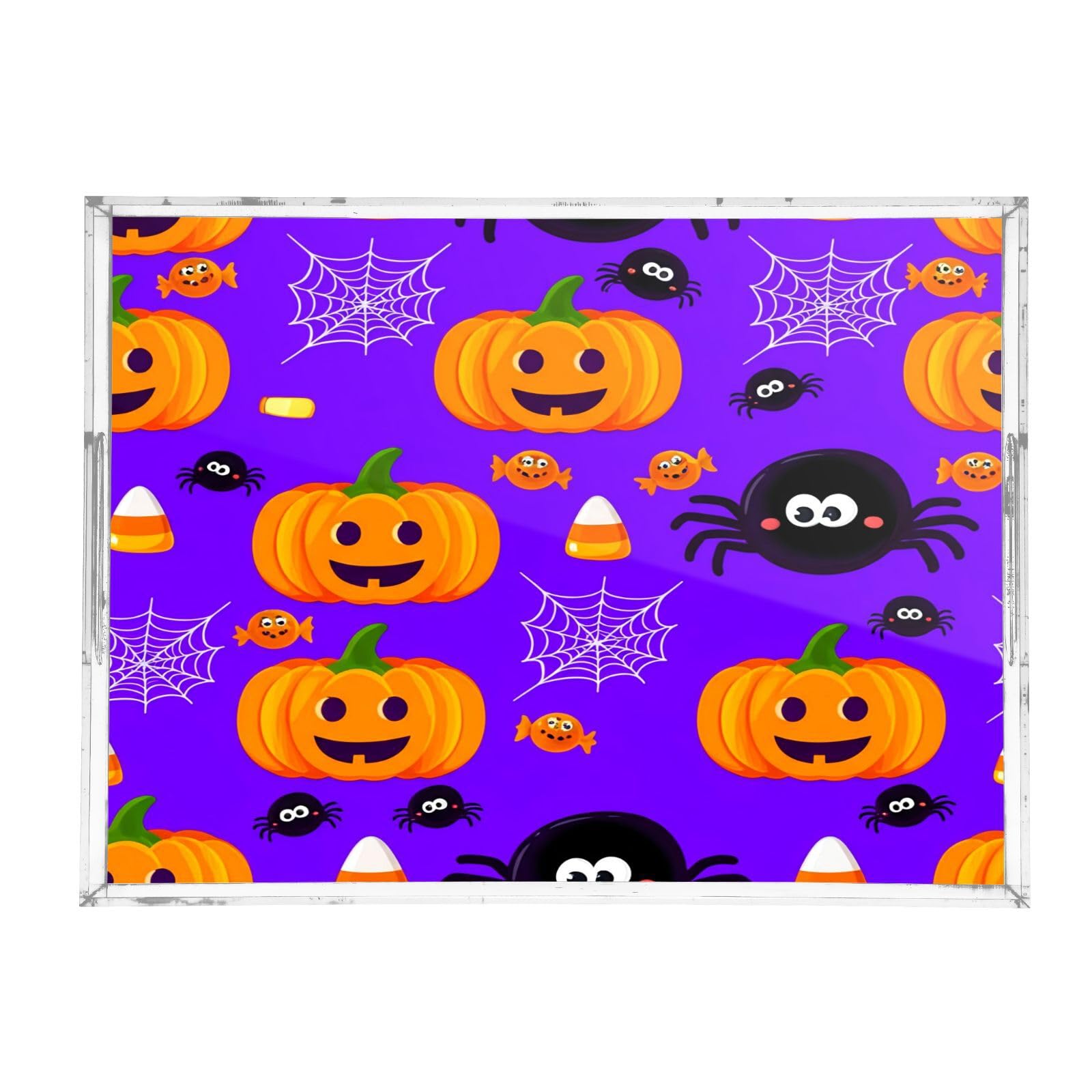 BOESI Halloween Pumpkins and Spiders Acrylic Decorative Dining Tray, Acrylic Decorative Tray Organizer with Handle for Kitchen, Dining Room, Bathroom, Dresser