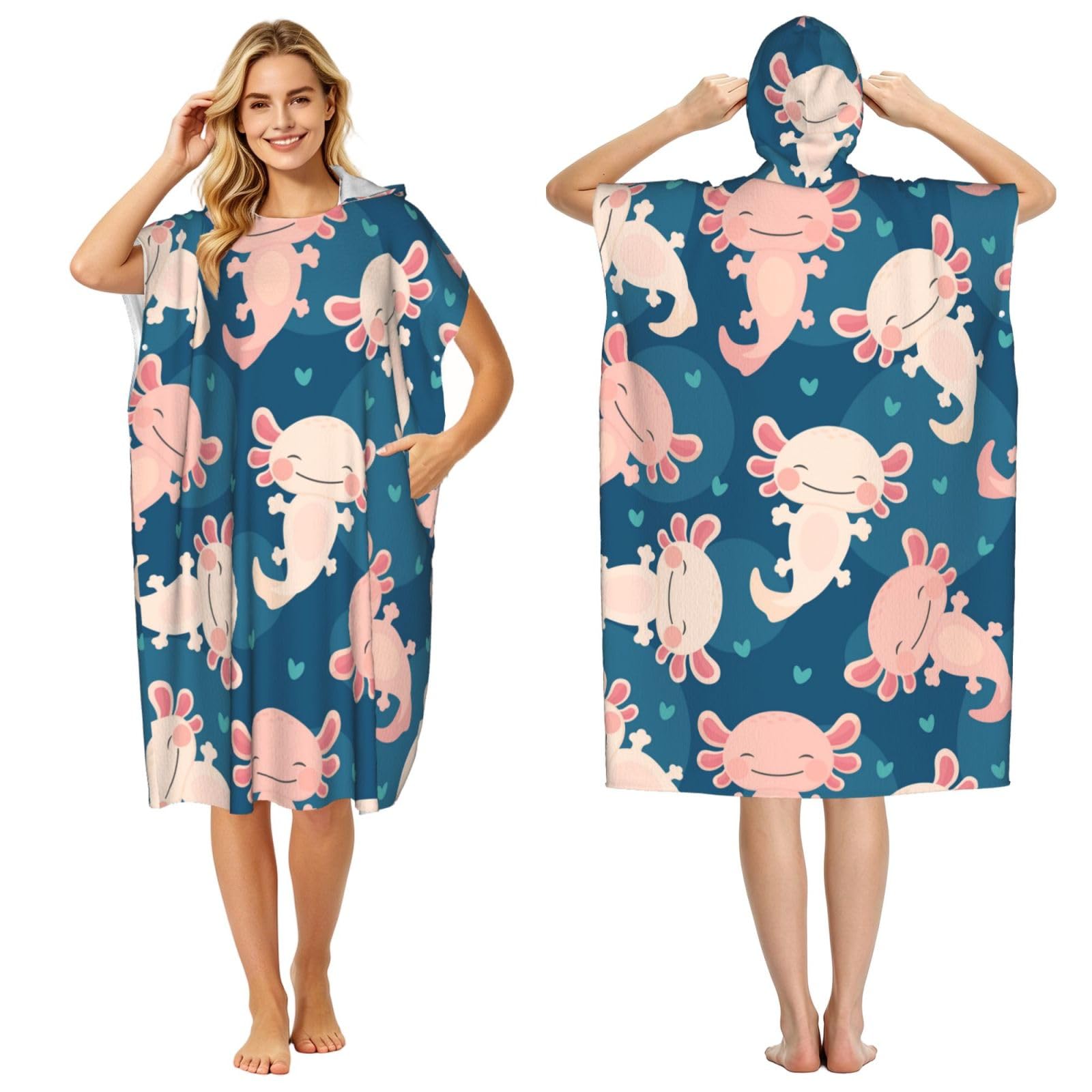 Poadnly Axolotl Kawaii, Adult Hooded Beach Towel 90 x 110 cm,Changing Bath Robe, Surf Poncho Towel For Women Men