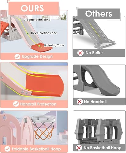 Miniatura 3 de Tobogán 4 en 1 para niños pequeños de 1 a 3 años con aro de baloncesto y pelota, tobogán para niños, para interiores y exteriores, patio trasero,