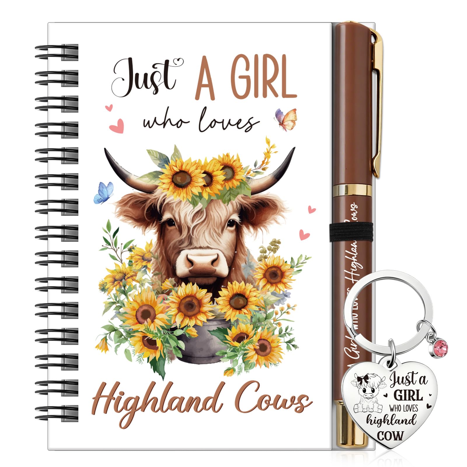 Eiapadeor Highland Cow Gifts for Women Girls, Just a Girl Who Love Highland Cow Notebook Pen Keyring, Western Animal Lover Birthday Christmas Back to School Graduation Present for Classmates Teacher