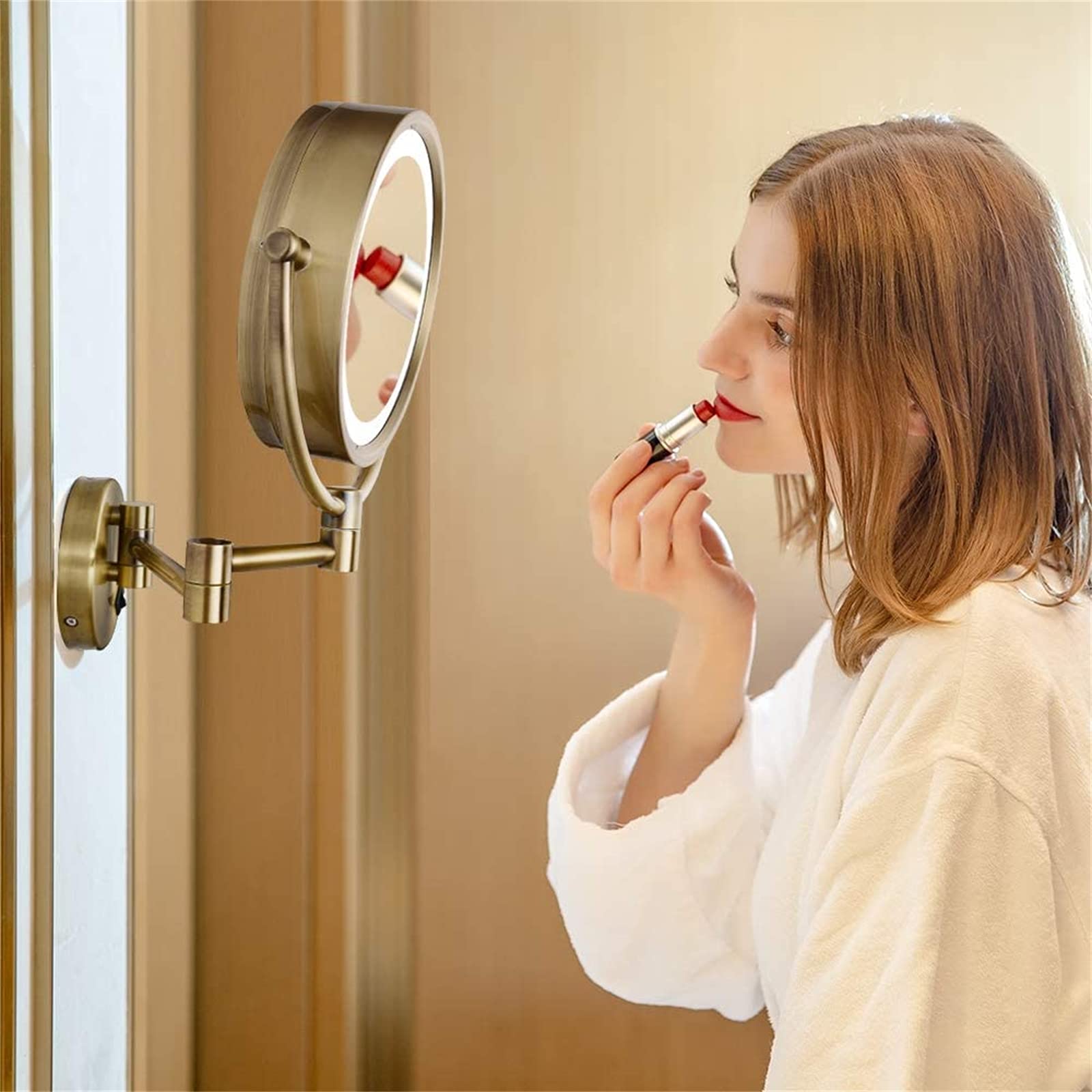 WYCSAD Espejo de Maquillaje con luz LED montado en la Pared de 8.5 Pulgadas con Aumento, Espejo de vanidad de Afeitar de Doble Cara de Bronce, Alimentado por Enchufe, 5X (5X) Decoration