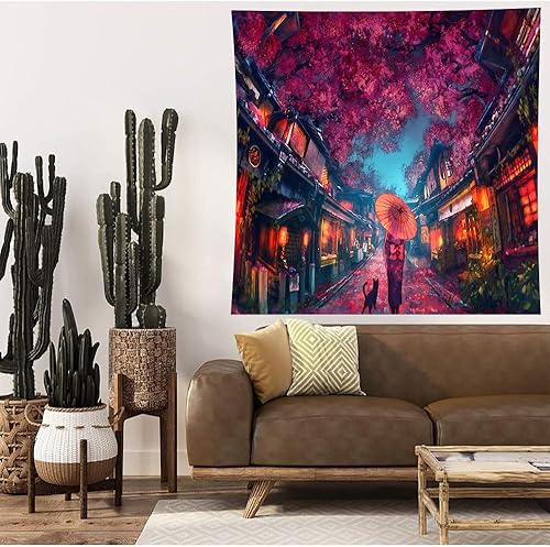 Miniatura 3 de Aidatain Tapiz de anime japonés antiguo japonés de paisaje de calle nocturna, tapiz de farol de flor de cerezo, tapiz grande de 60 pulgadas de largo