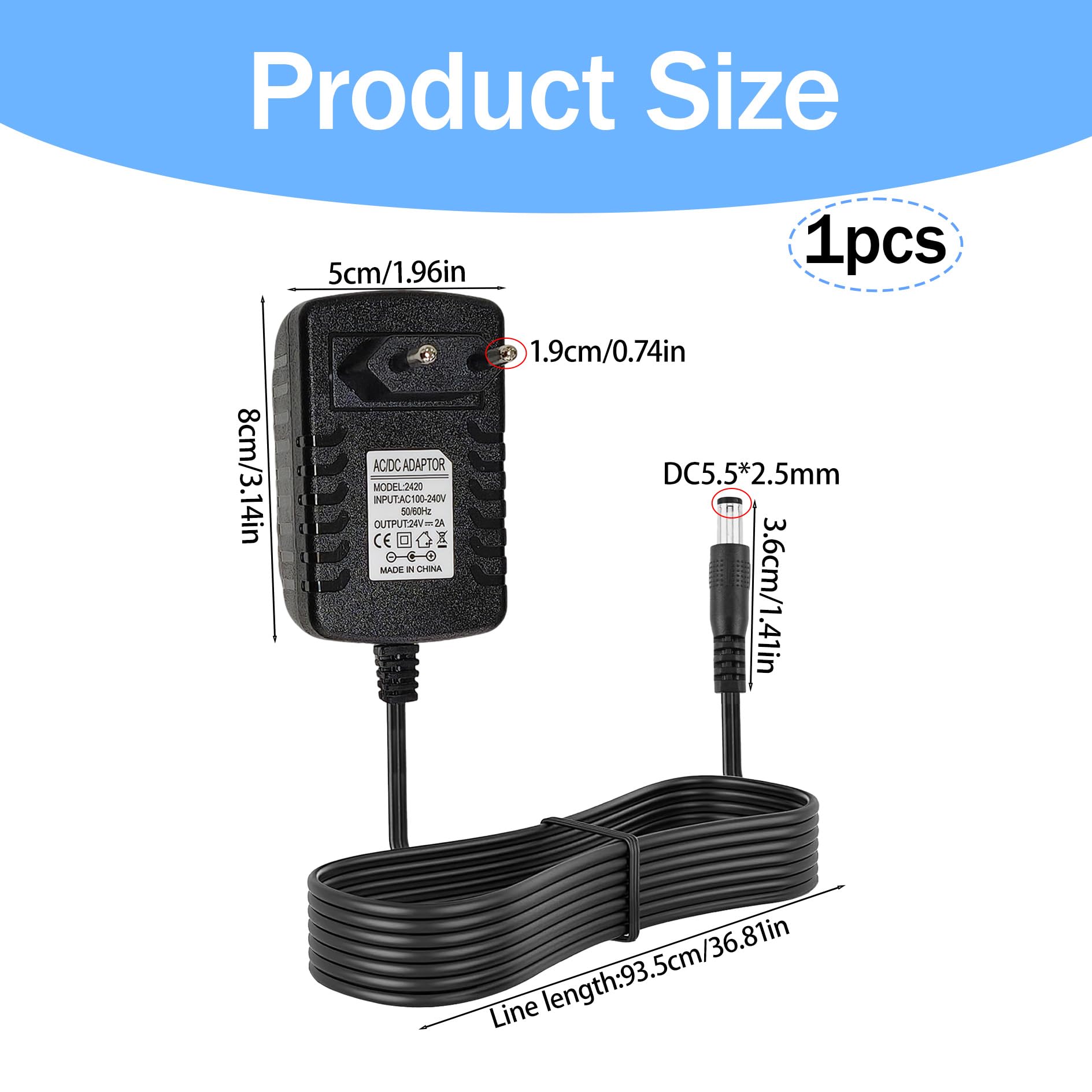 Uniwersalny zasilacz 24 V 2 A, zasilacz AC DC do urządzeń elektronicznych, konwerter zasilania AC 100V-240V na DC 24V, zawiera standardowe złącze 5,5 x 2,5 mm z pełną ochroną