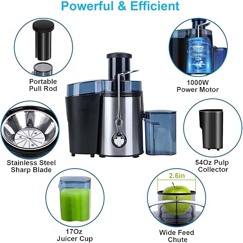 Miniatura 4 de Máquina exprimidora, extractor centrífugo de 1000 W para verduras y frutas con ajuste de 3 velocidades, máquina exprimidora centrífuga de acero