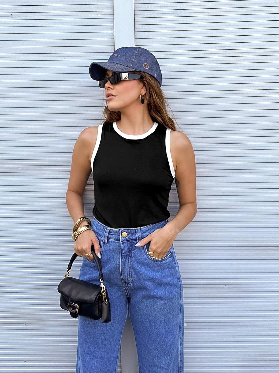 Fisoew Womens Summer Tank Tops Casual Slim Fit Sleeveless Color Block Crew Neck Workout Tees - Image 5