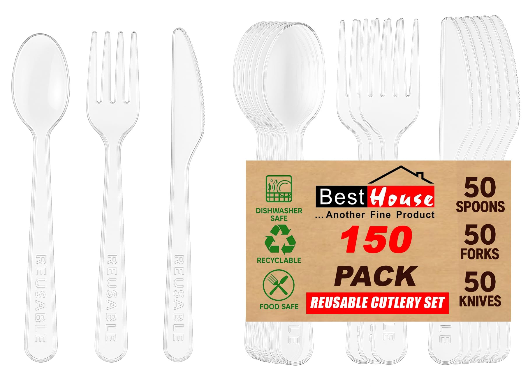 BH | Reusable Plastic Cutlery Set | 150 Pcs (50 Spoons, 50 Forks, 50 Knives) | Clear Mix Cutlery Set for Birthday, Parties, Picnics, BBQ's, Camping, and Everyday Use - by Best House