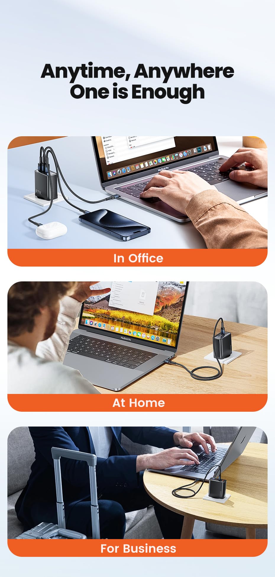 Toocki - Ładowarka GaN 67W do europejskich gniazdek ściennych, 2x USB-C, 1x USB-A, cyfrowy wyświetlacz watów, kompatybilna z PD 3.0, QC4+, PPS, dla iPhone, MacBook, iPad, Samsung Galaxy, Xiaomi,