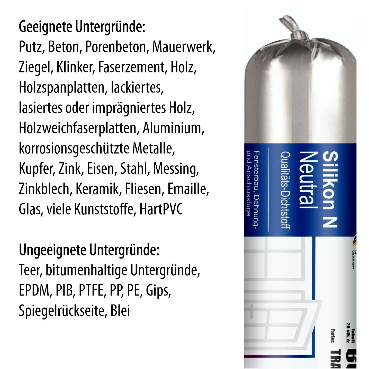 Silikon N Bausilikon transparent - Folienbeutel – neutralvernetzend für Fenster- & Bauanschlussfugen, Glasversiegelung & Dehnfugen – sehr gut verarbeitbar - 12x 400 ml