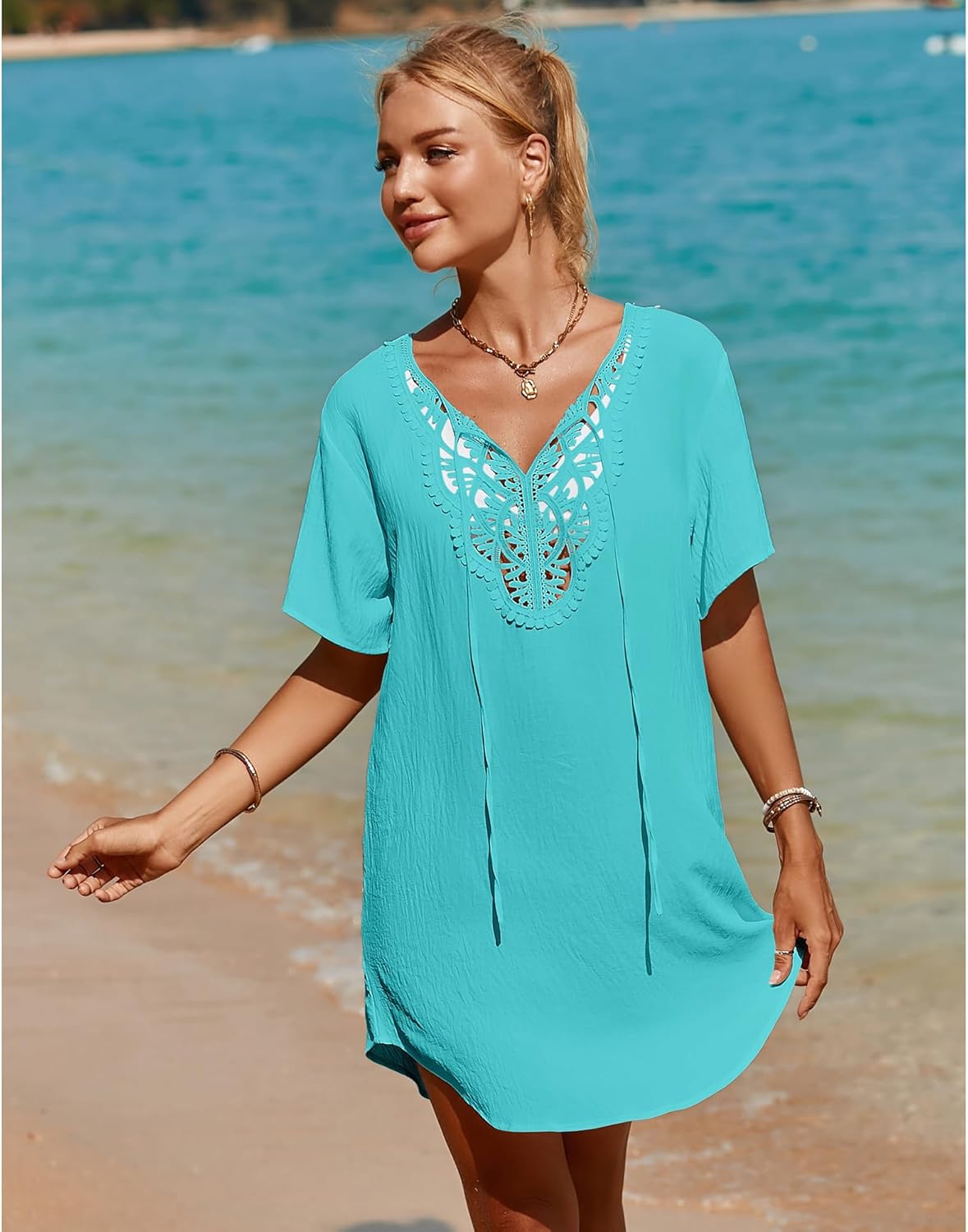 SimpleFun Womens Swimsuit Coverup Lace Crochet V Neck Bathing Suit Cover Up Dress Beach Cover Ups for Swimwear - Image 6